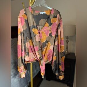 Daniel Rainn DR2 Satin Floral Button-Up Blouse - Pink, Orange, Brown XL
